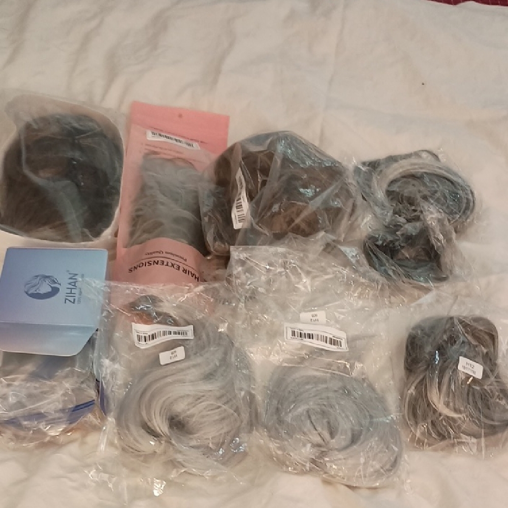 Grou of 9 Hair Extensions, Toppers, Wig ,Zihan Hair Extensions in Black and Gray